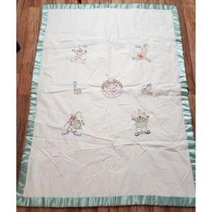 Vintage 60s Clown Circus Blanket Crib Child's Size White Green Satin Edge